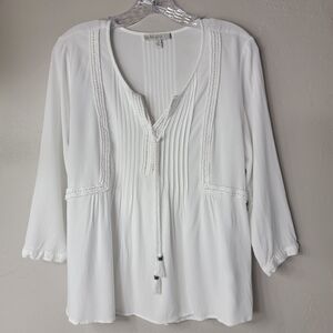 Pale Sky White Lace Blouse Tunic with Tassel Tie Pleated 3/4 Sleeve. Sz-M